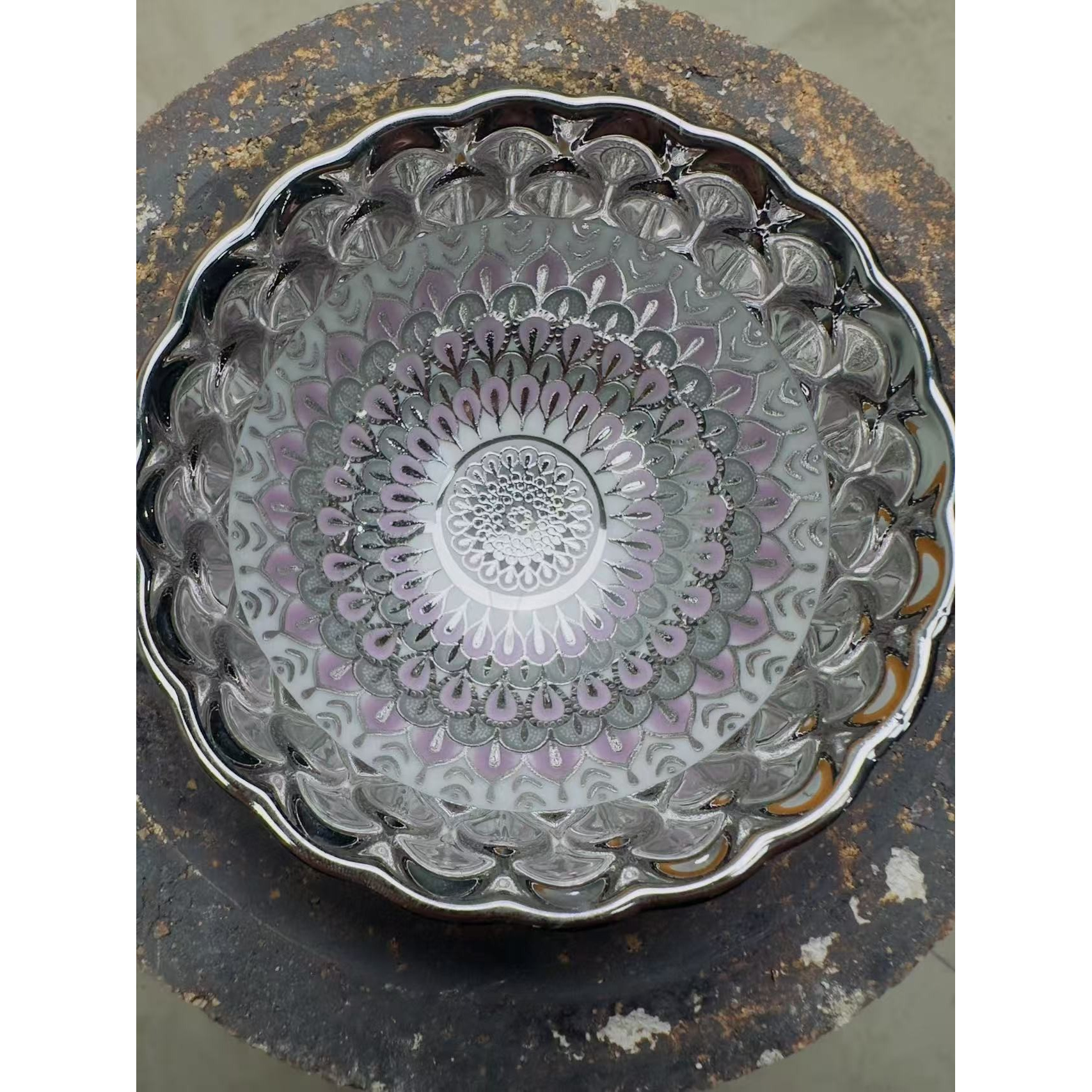 高端茶器盏 银色孔雀葵口杯