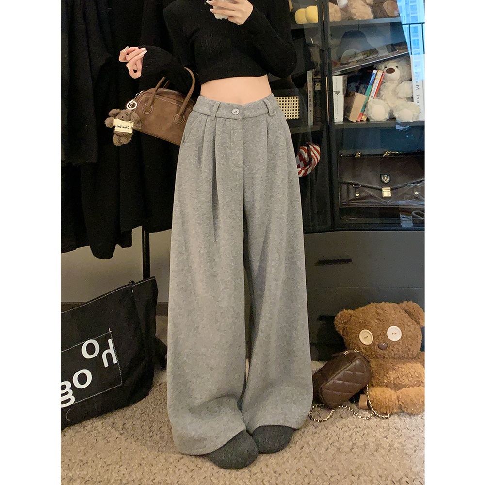 加绒加厚灰色阔腿裤女2025秋冬新款大码胖mm垂感慵懒风休闲拖地裤