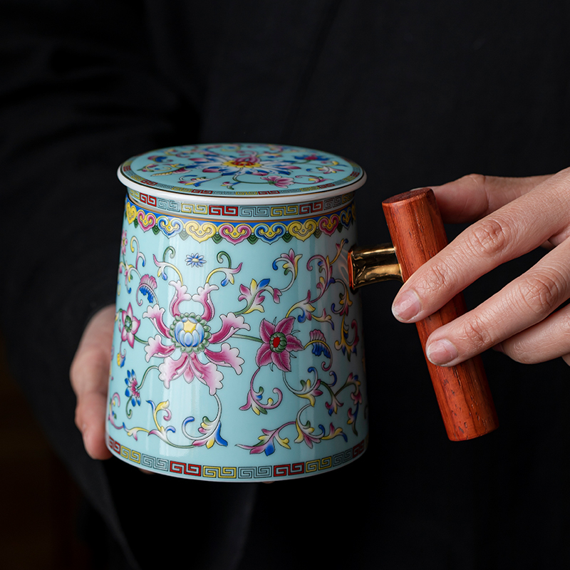 成艺珐琅彩蓝色办公杯 3423