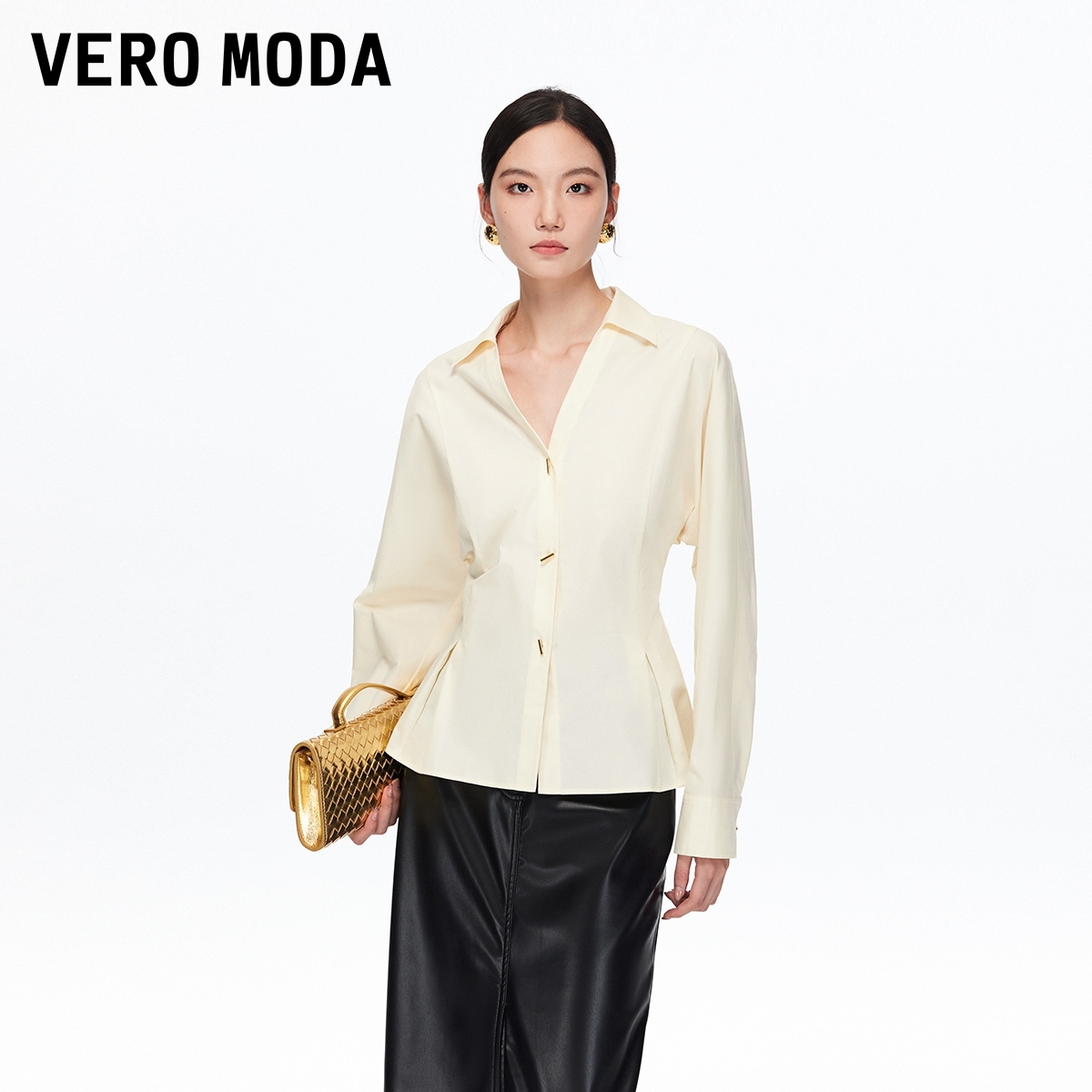 Vero Moda衬衫【插兜衬衫】纯棉V领收腰纯色上衣流光风325405001
