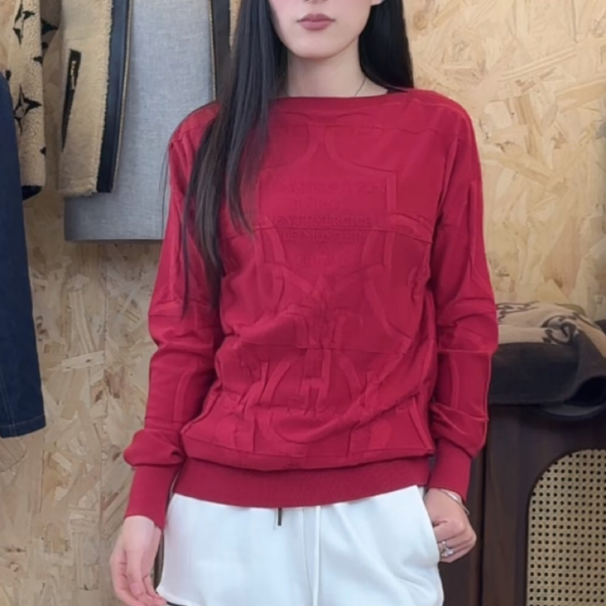 未使用 Hermes/爱马仕 红色一字领真丝棉质上衣 34码 GM005948