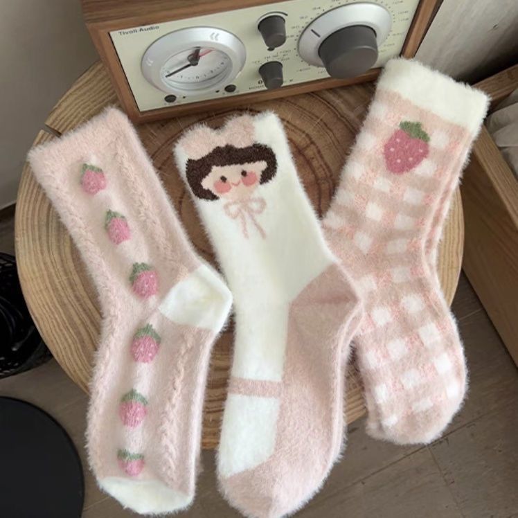 放水仿羊羔绒袜子女秋冬加厚保暖袜地板袜毛绒绒柔软透气粉色草莓
