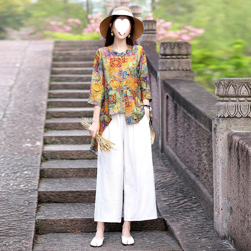 天丝棉麻上衣女宽松减龄阔腿裤套装夏季新款民族风