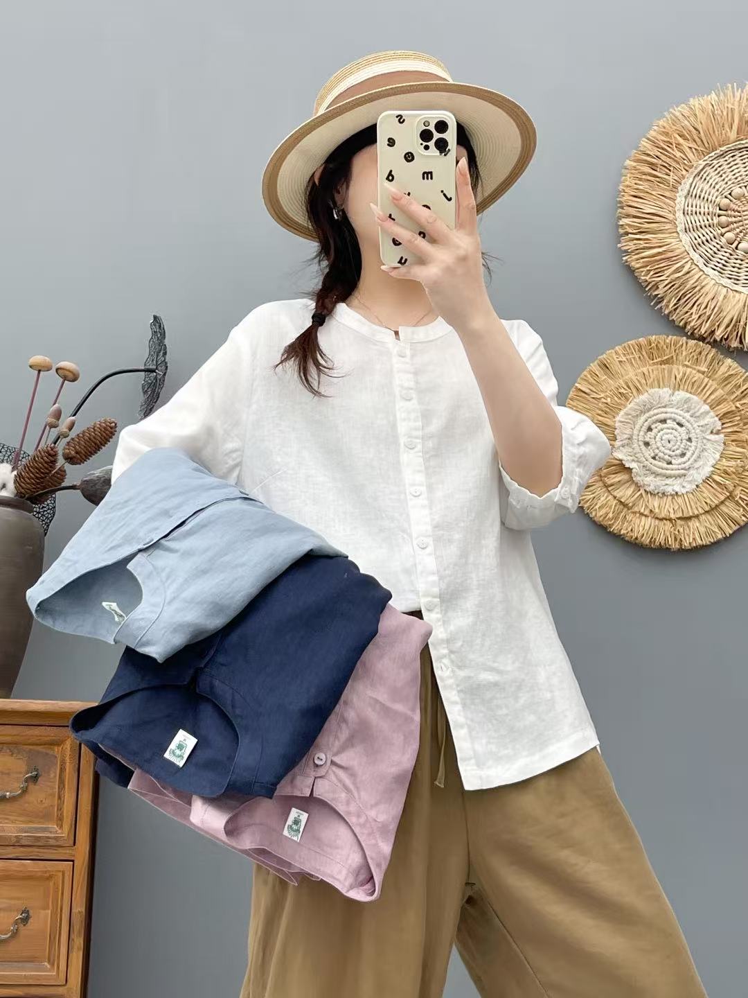 新中式圆领中袖全亚麻衬衫女文艺百搭宽松上衣