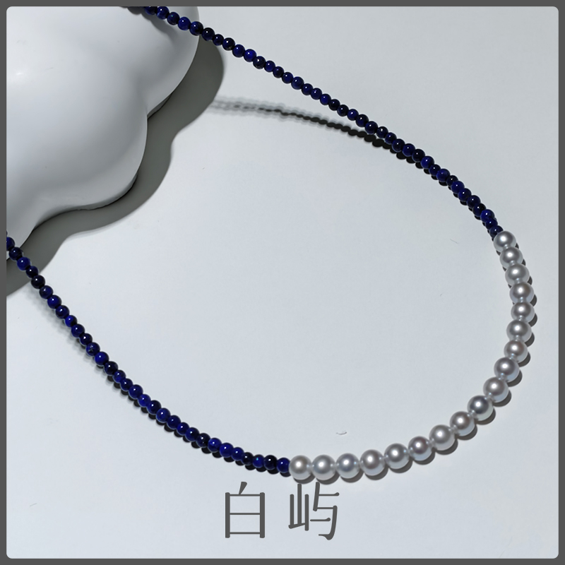 N139天然淡水灰米珠珍珠S925银青金石项链4-5mm