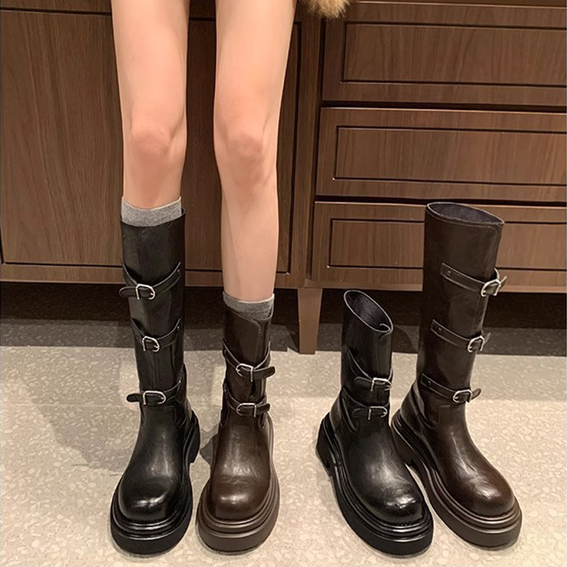 扣子靴时髦皮带扣圆头厚底百搭短靴骑士靴加绒长靴