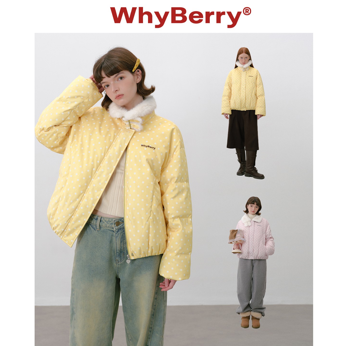 WhyBerry 25AW“芝士蜜桃冻”波点毛领羽绒服90白鸭绒秋冬短外套