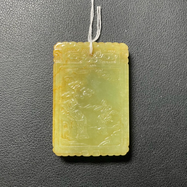 旧藏 和田黄玉松下人物牌