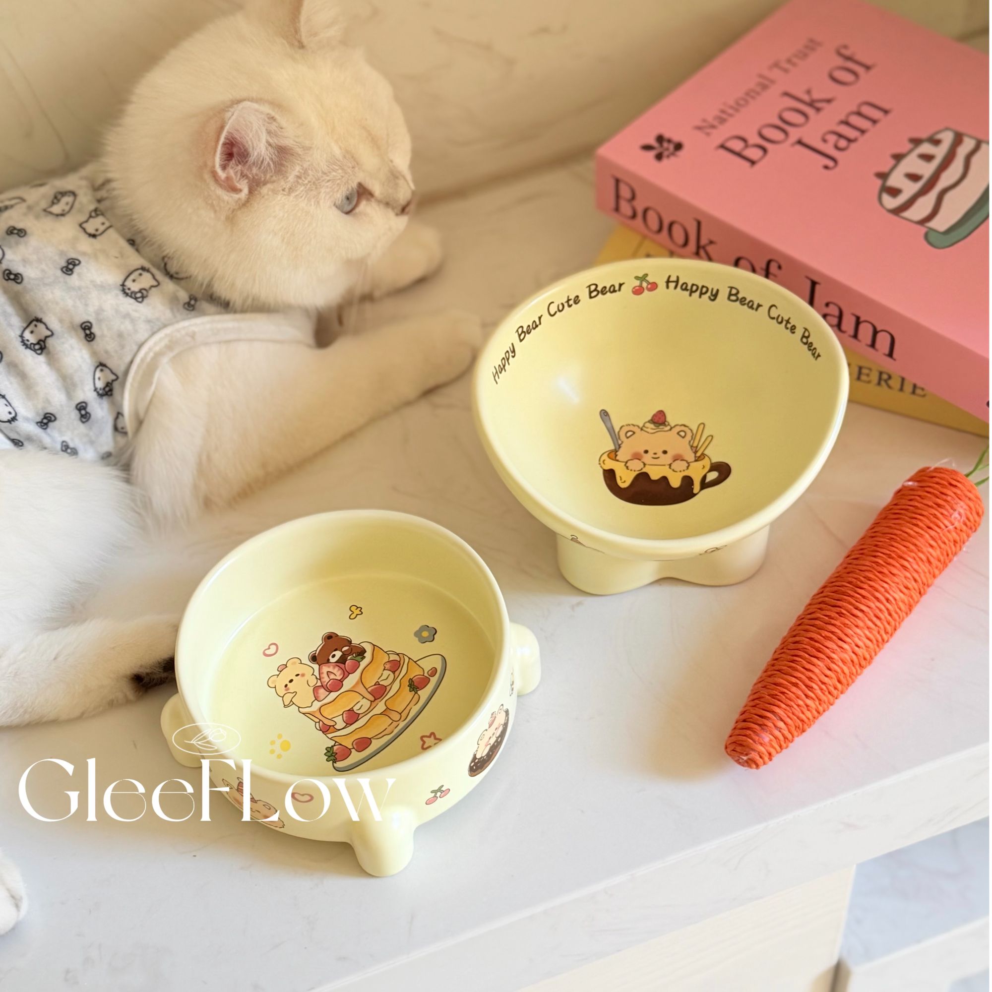 【黄色蛋糕熊】可爱陶瓷宠物猫碗狗碗食盆粮碗双碗猫咪饭盆防打翻