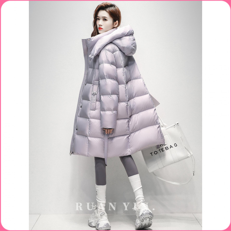 RUAN YIN白鸭绒羽绒服女中长款2025新款冬装简约百搭宽松加厚腰带