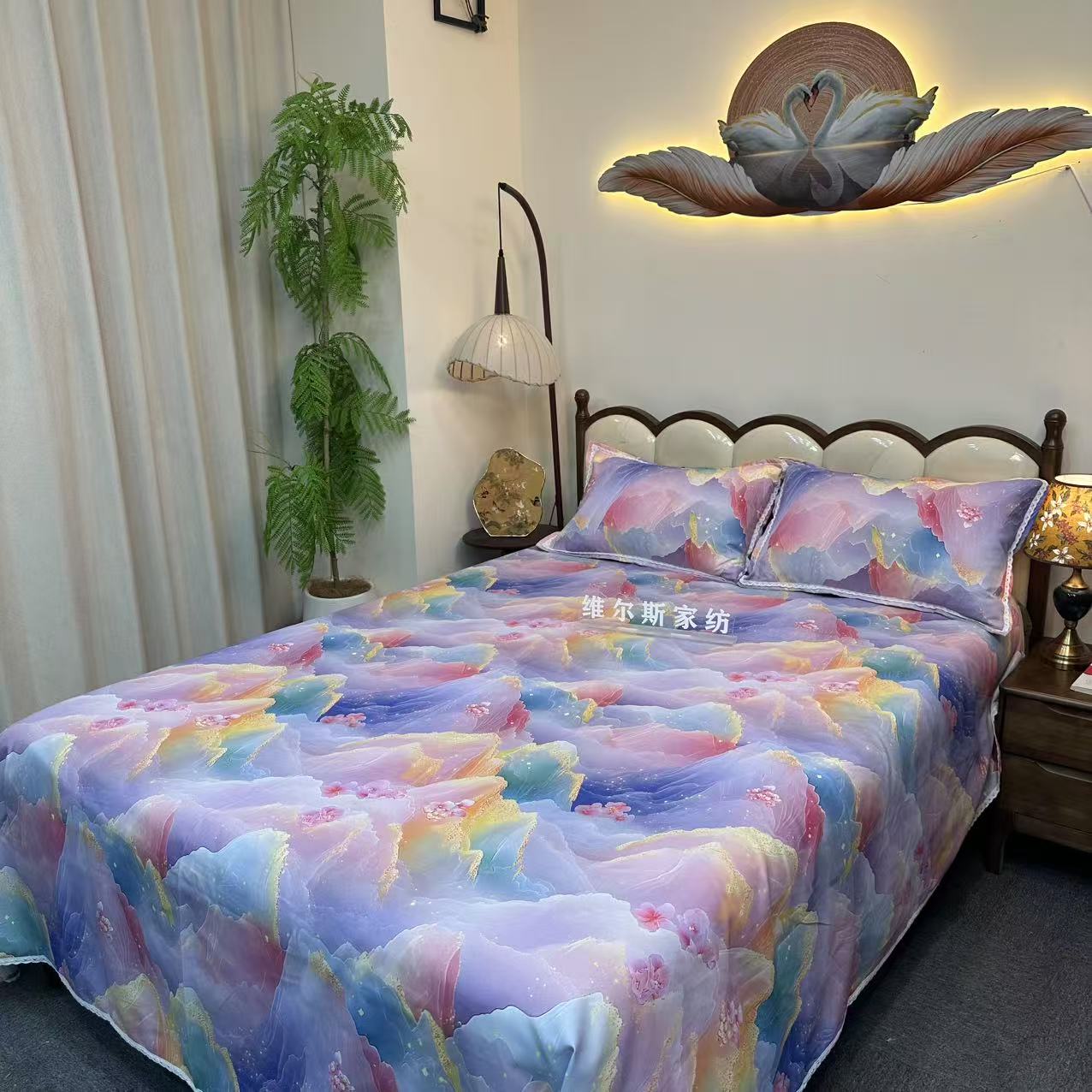 立体印花原棉粗布床单--紫色星空240*240（花边）