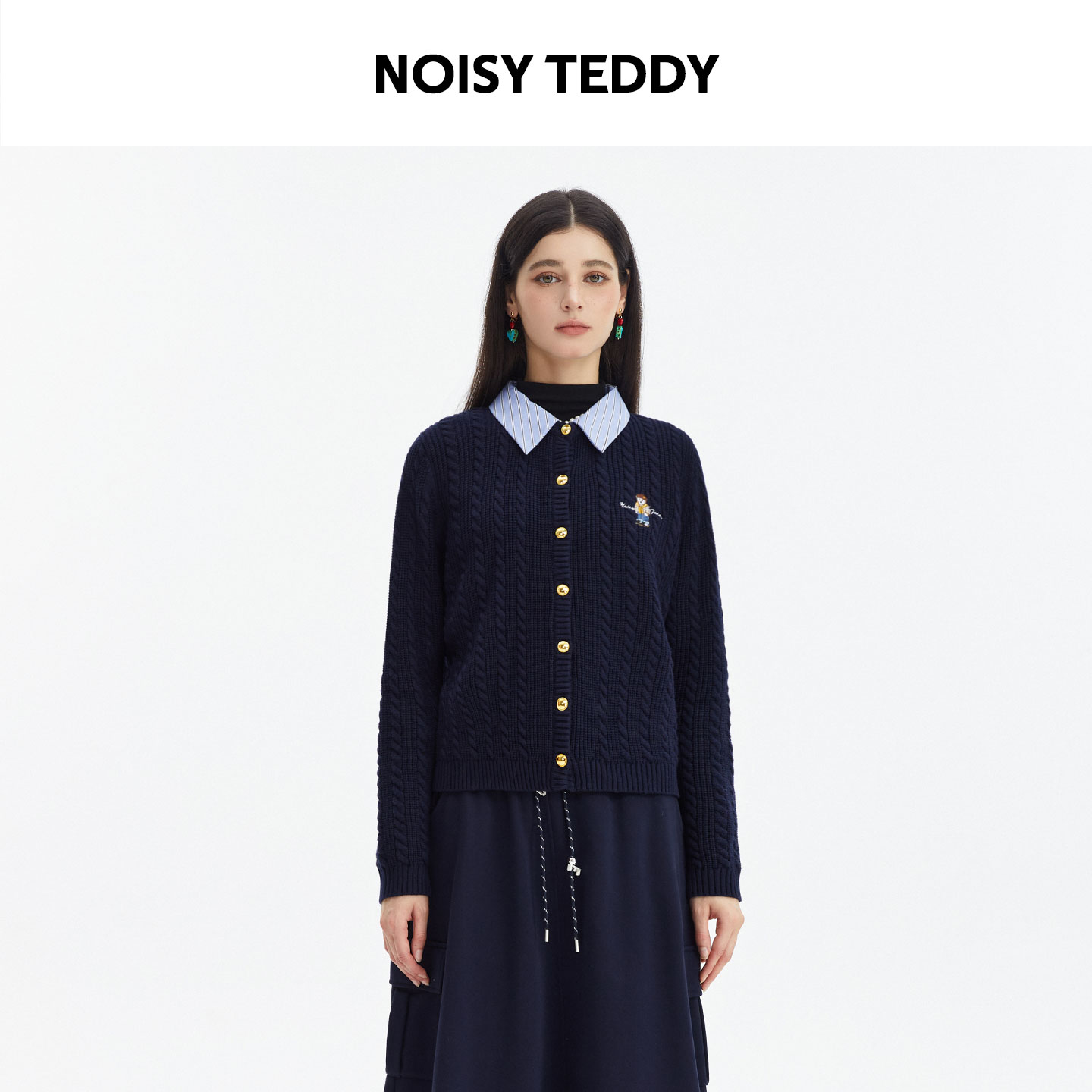 NOISY TEDDY小熊刺绣POLO领针织开衫假两件撞色秋冬毛衣外套女