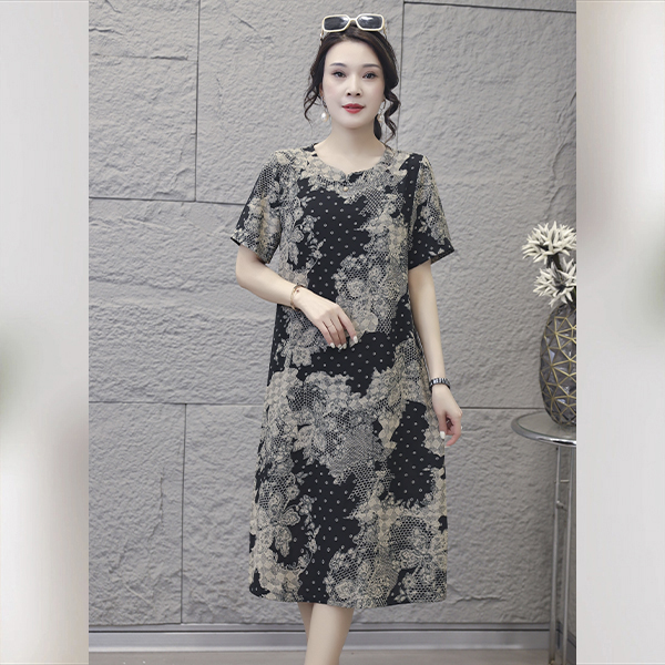薇&简-Y6602夏季扎染印花2025时尚简约气质百搭洋气碎花连衣裙