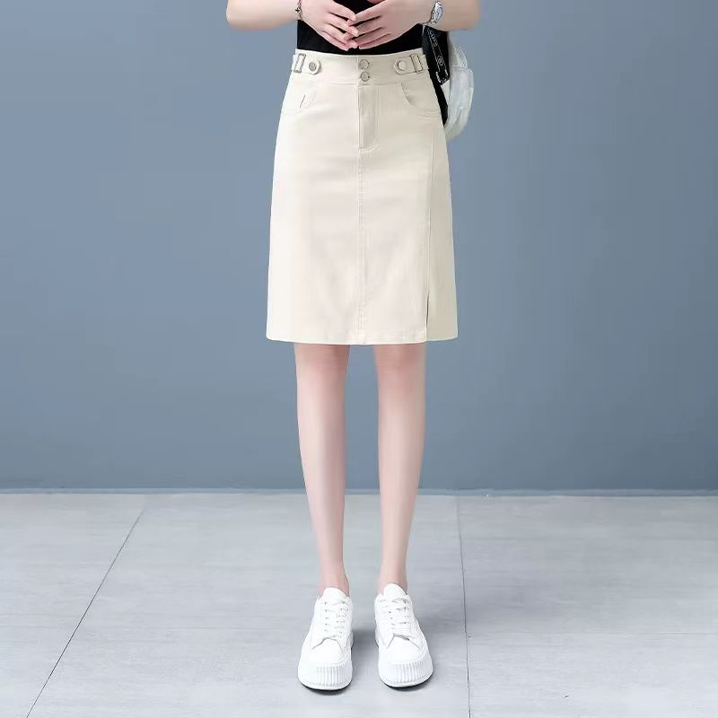 高腰牛仔弹力棉A字半身裙女--裙长60