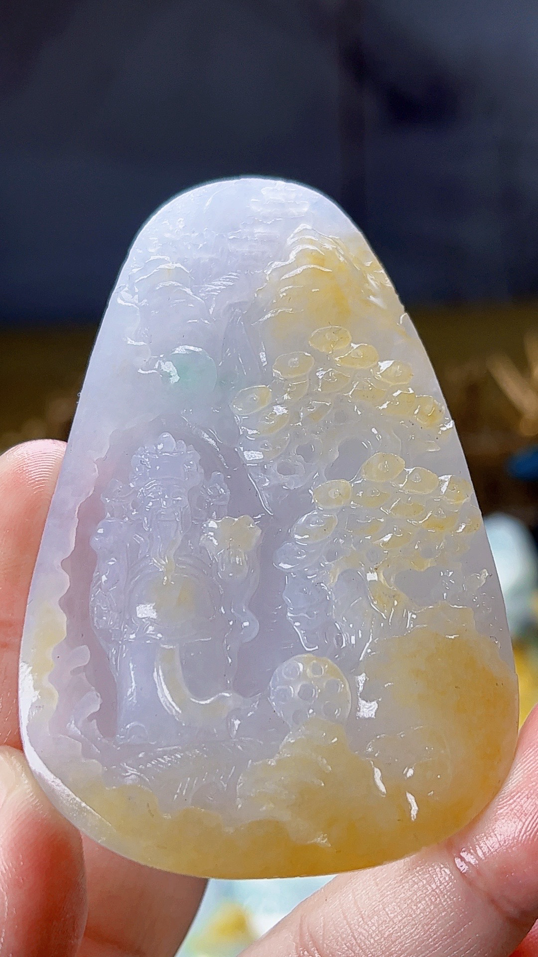 【新春好物】天然缅甸翡翠冰黄翡山水财神毛货需抛光尺寸75-48-7