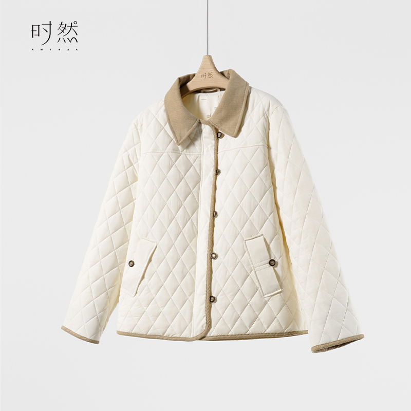 时然微胖短款大码女装冬季新款拼接格子韩系简约保暖百搭显瘦棉服