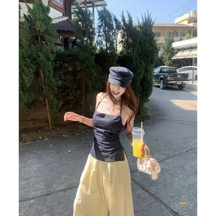复古时尚牛仔吊带背心女夏季高级感烫钻修身显瘦性感露背挂脖上衣