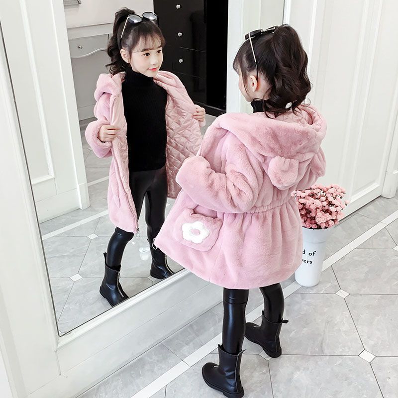 女童外套冬款加厚儿童毛绒衣服冬季中大童女孩洋气冬天仿皮草大衣