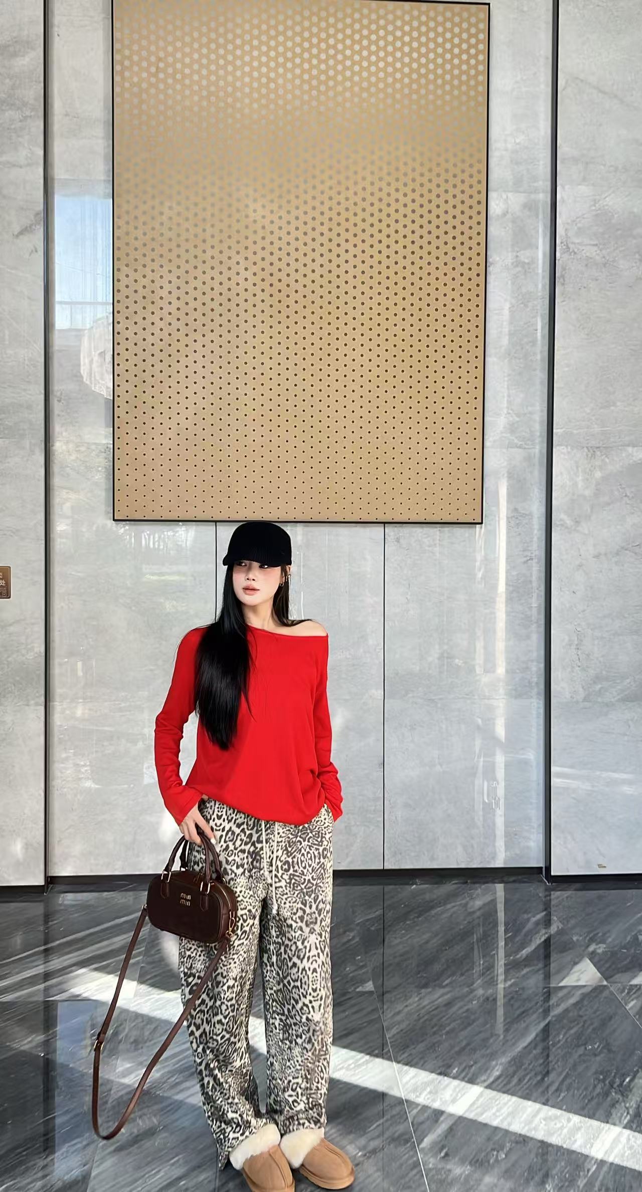 Dami慵懒风豹纹阔腿裤女2025秋季新款松弛垂感休闲直筒拖地长裤