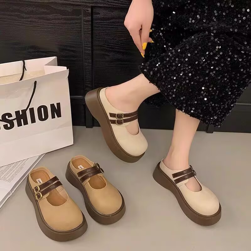 5688-2厚底包头半拖鞋勃肯鞋女外穿2025新款春夏季增高一脚蹬半托