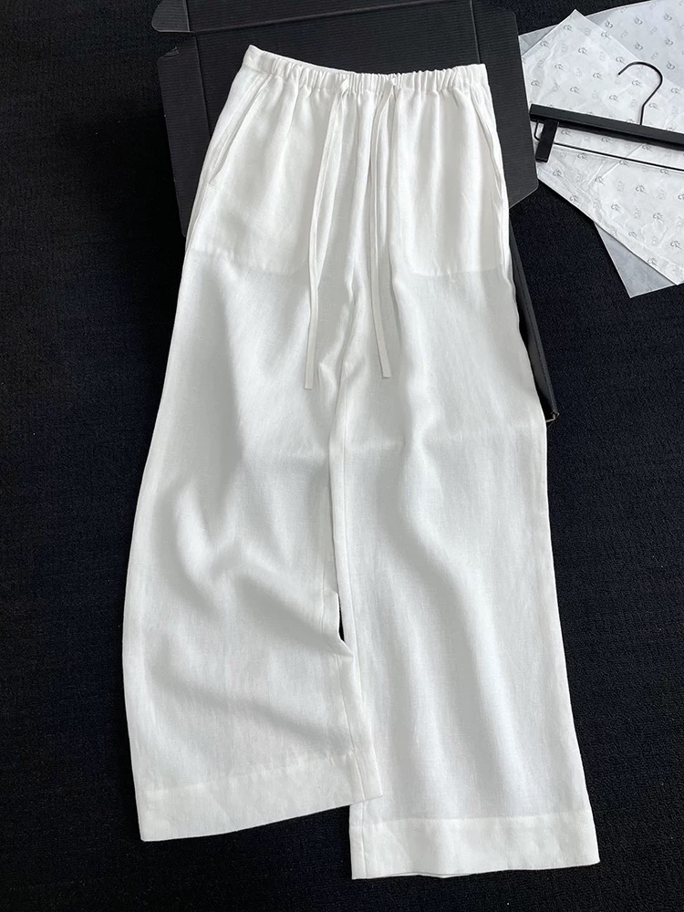 简约时尚白色抽绳亚麻休闲阔腿裤
