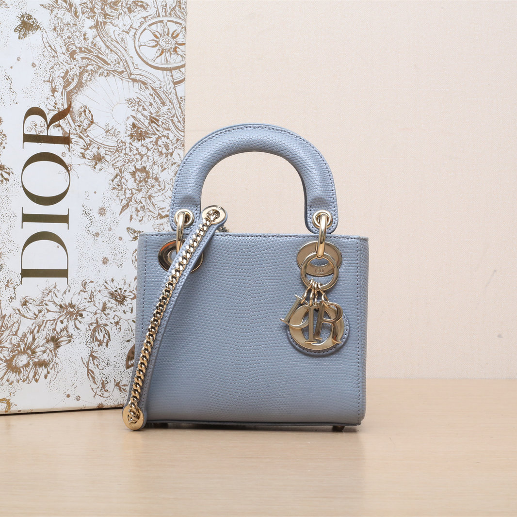 95新 DIOR/迪奥 【包展】 Lady Dior三格蓝蜥蜴皮浅金扣