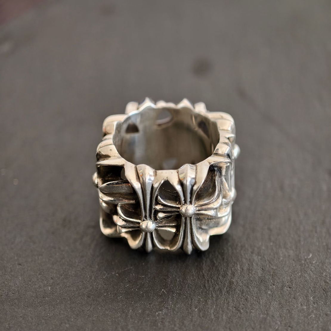 925银戒指 方形墓葬十字架戒指925银复古做旧款戒指嘻哈宽版对戒