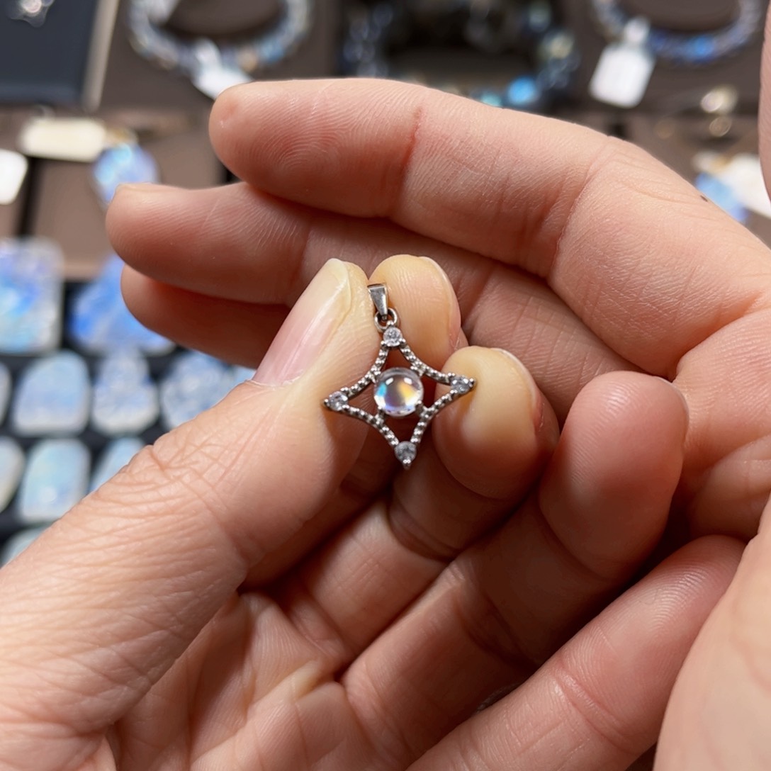 长石戒指银S925镶嵌吊坠