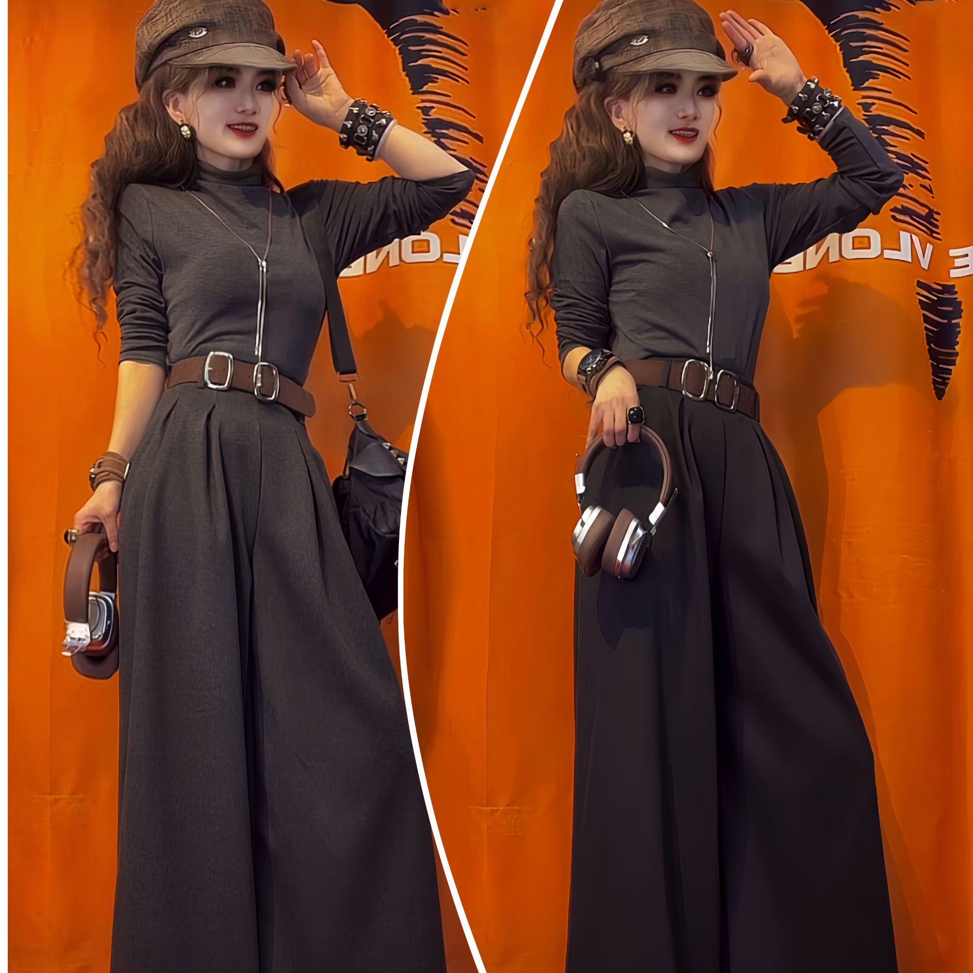 秋冬超宽松垂感阔腿裤裙高腰直筒拖地休闲裤灰色加绒毛呢西装裤女