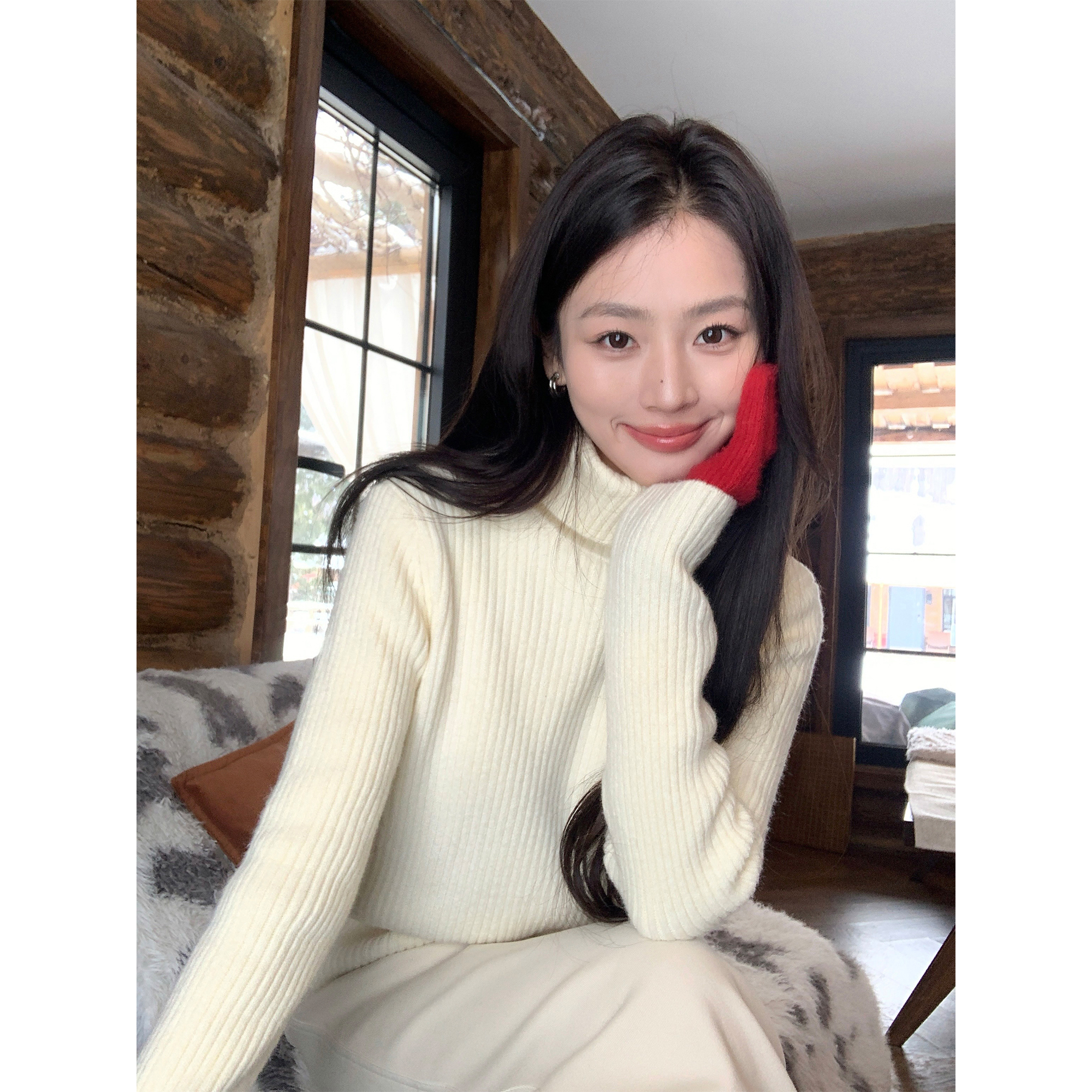 pusumede 初雪氛围 米白高领毛衣打底衫女亲肤保暖内搭针织衫上衣