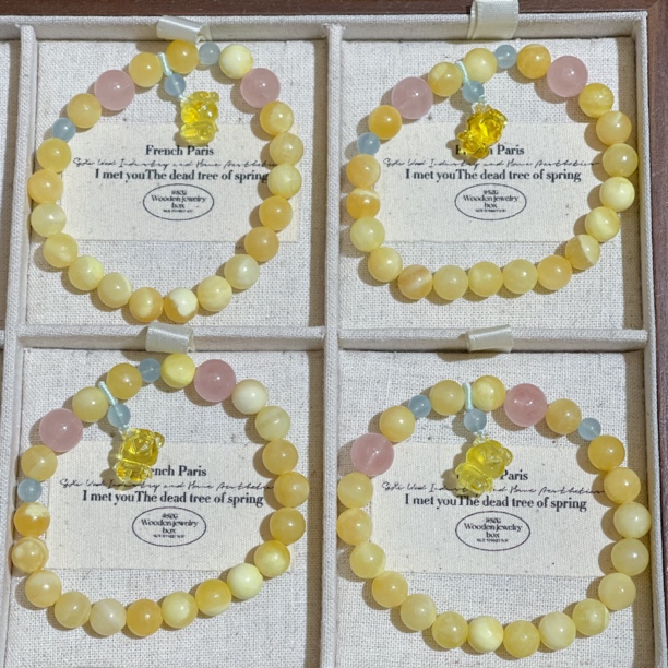 SG3531-［3.29焦糖黄油小熊］粉水晶海蓝宝手串均有色差瑕多样发