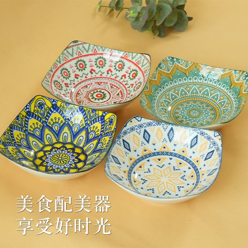波西米亚风釉下彩家用高档异形陶瓷餐具高颜值翘脚碗耐高温深盘