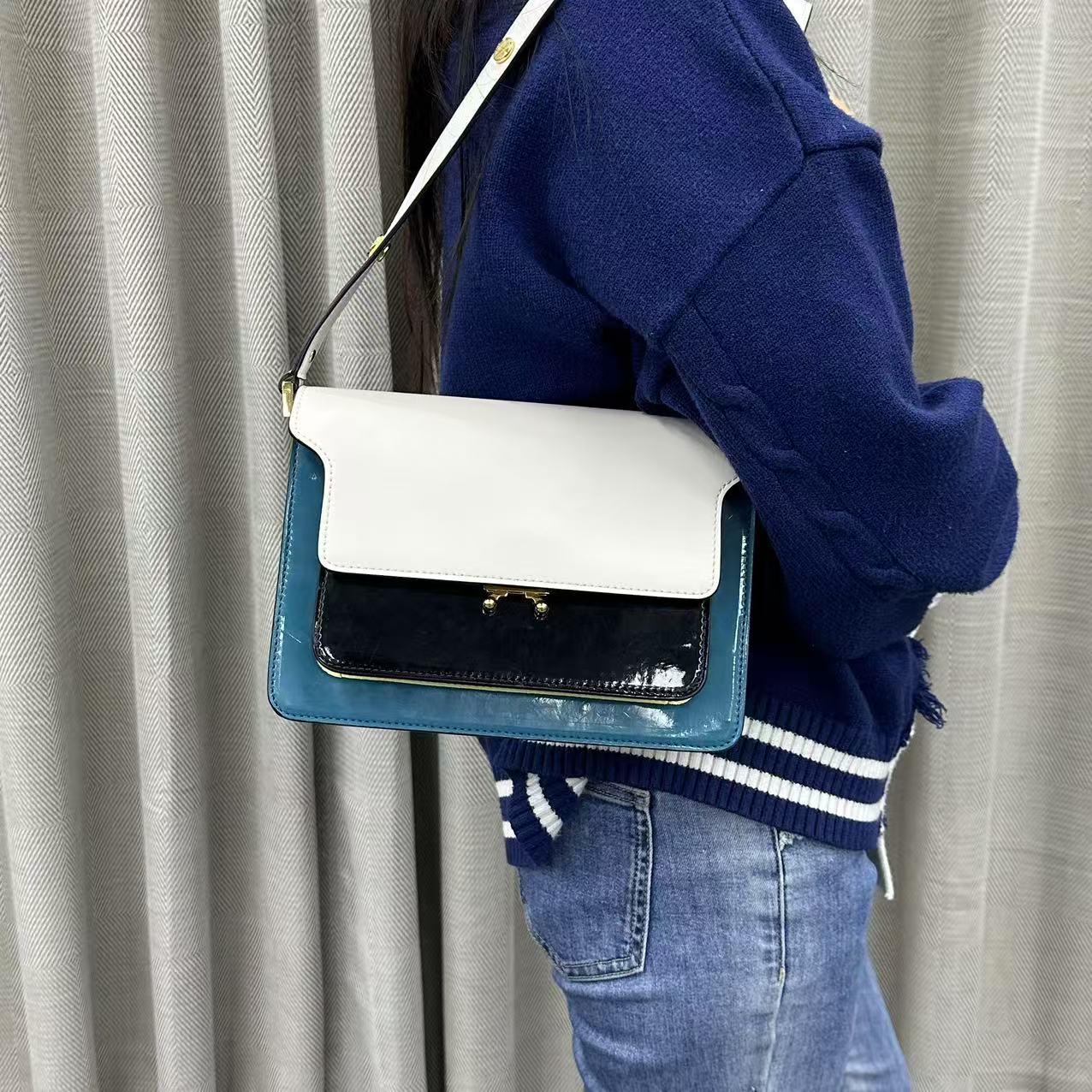 95新 MARNI 漆皮拼色风琴包/云海优选/H07552