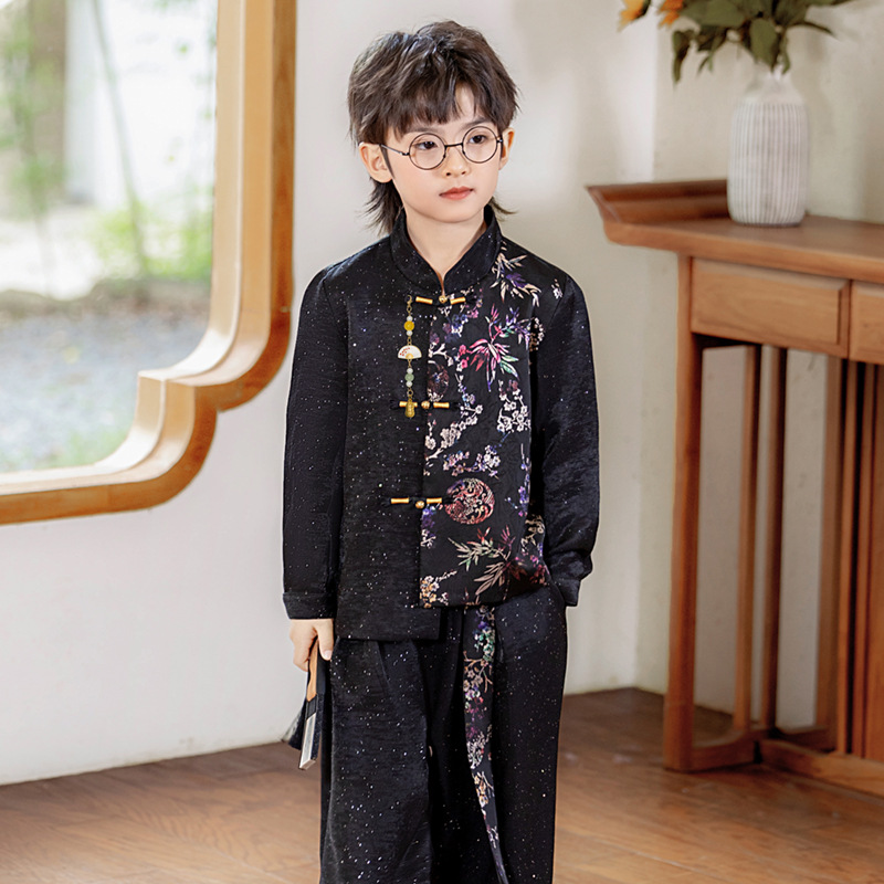 男童新中式汉服不规则印花唐装儿童国风盘扣立领上衣花童演出礼服