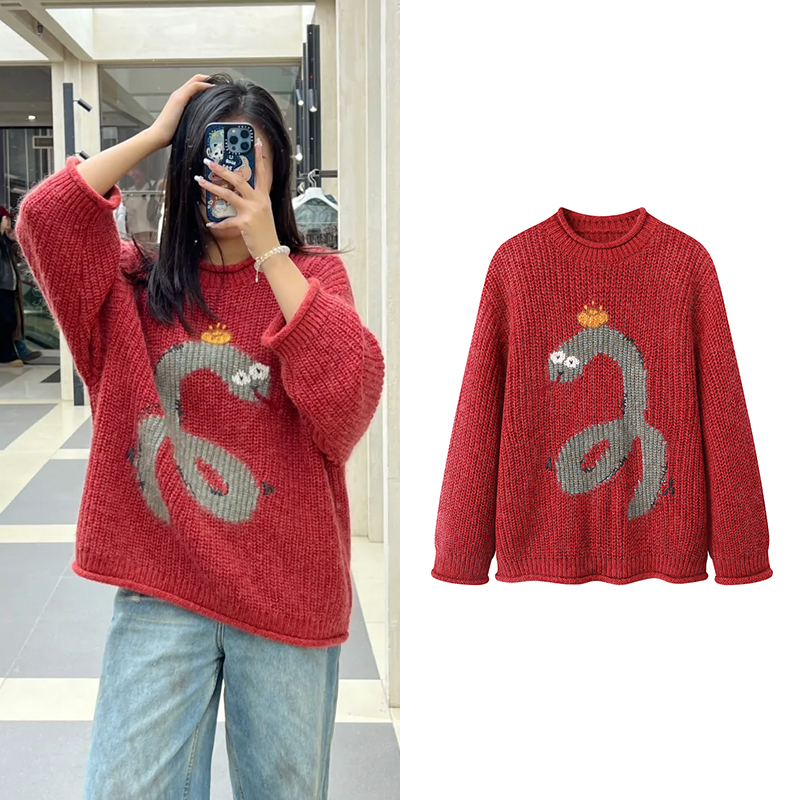 【乌】2025春季新款贺岁潦草招财蛇套头毛衫宽松休闲时尚圆领W1474
