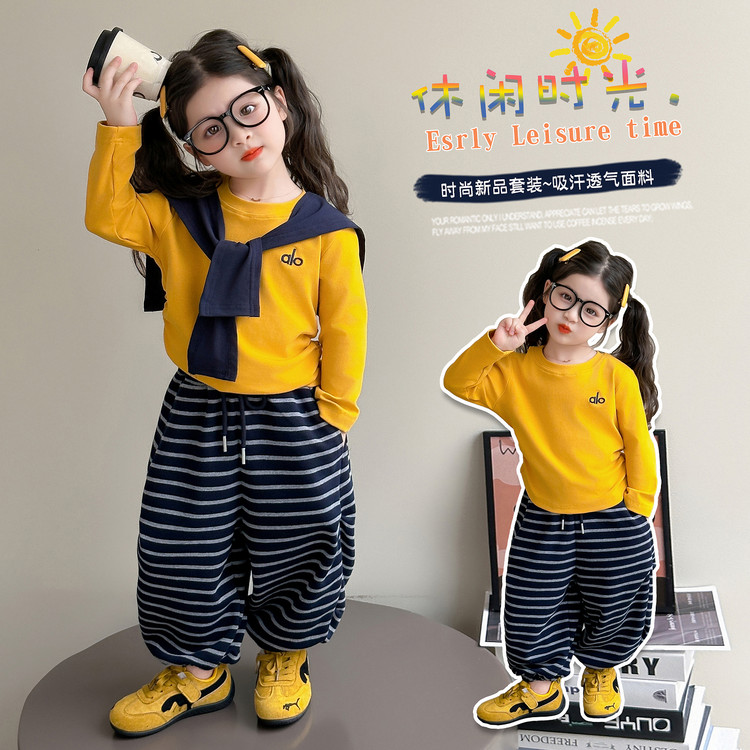 打底衫三件字母女运动女童套装套头春秋韩版条纹秋季