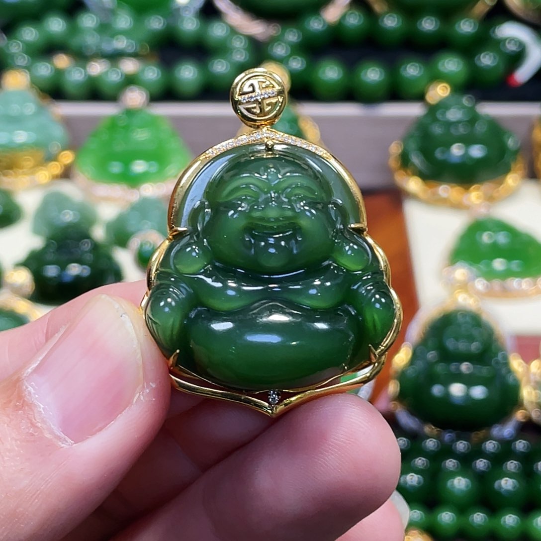 和田玉（碧玉）18K金镶嵌吊坠(不含链)佛公30mm