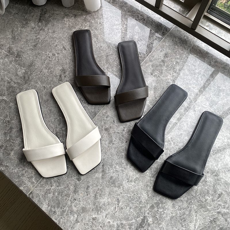 休闲百搭平底真皮一字拖女2025春夏新款欧美小众露趾方头凉拖鞋