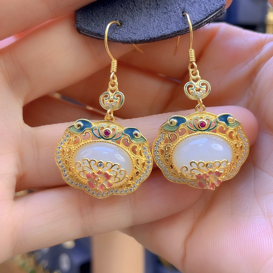 和田玉耳饰银S925镀金镶嵌