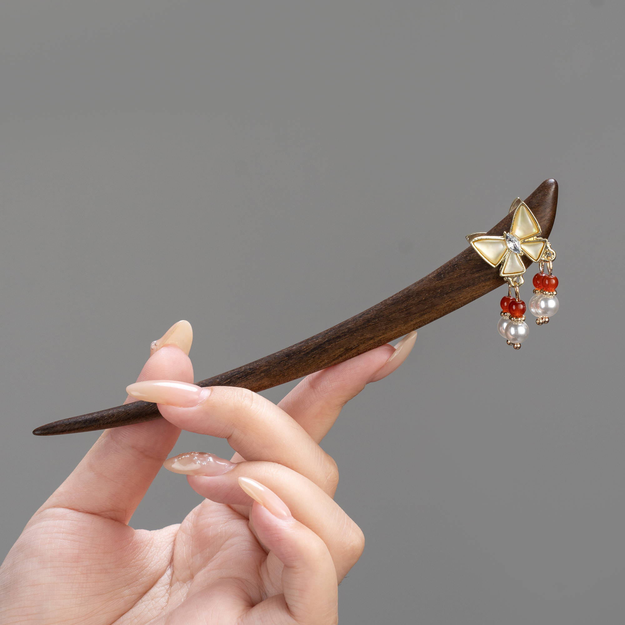 双面深海白蝶贝檀木发簪盘发簪子日常精致流苏新中式蝴蝶发簪盘头