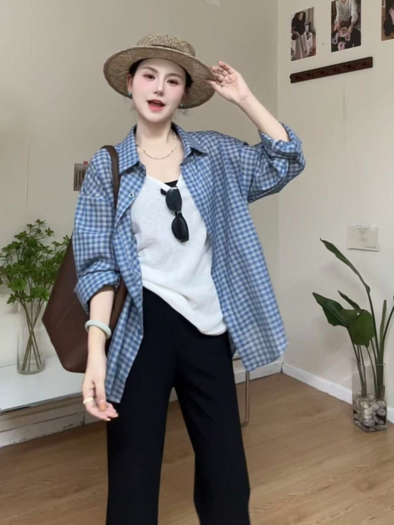 雾霾蓝格纹长袖衬衫女春秋慵懒气质风宽松纯棉复古格子衬衣外穿