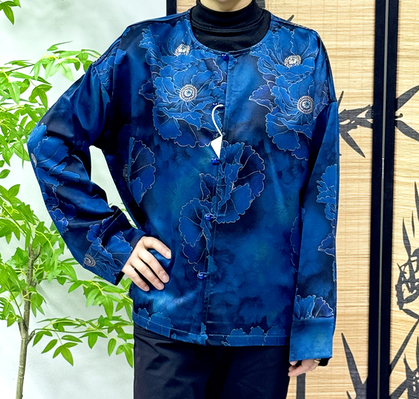 预锦丝韵100桑蚕丝60贵妇皮香云纱蓝色大牡丹对襟外套长袖上衣