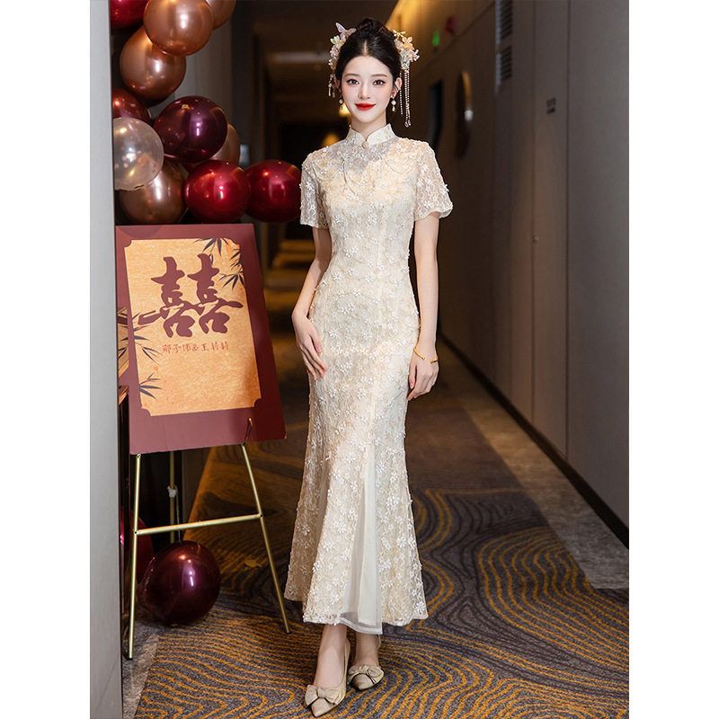 春夏香槟色新中式改良旗袍年轻鱼尾裙新娘订婚结婚敬酒中国风礼服