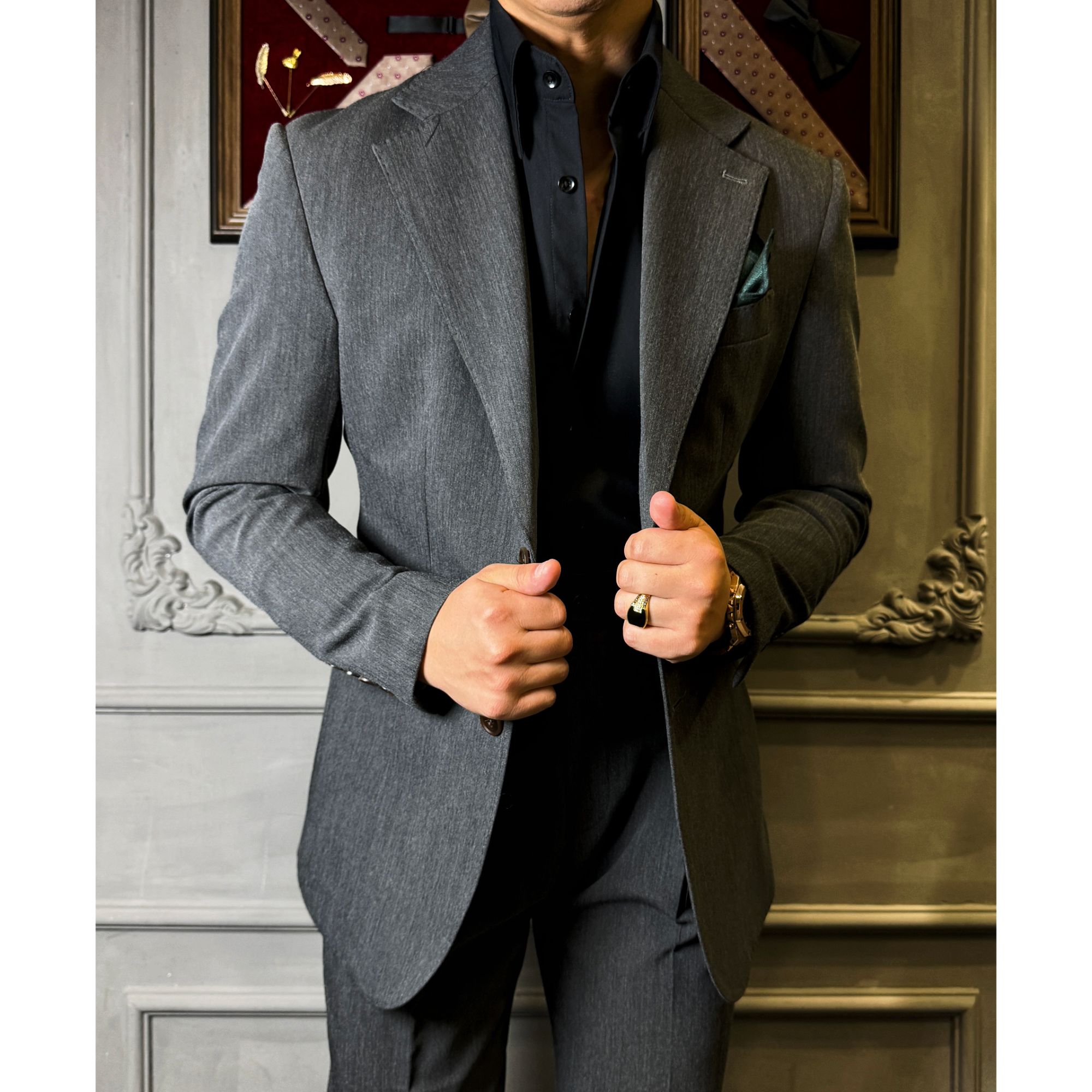 花伦 - 上新 高级感硬朗 男士 平驳领深灰色西装套装 商务时尚