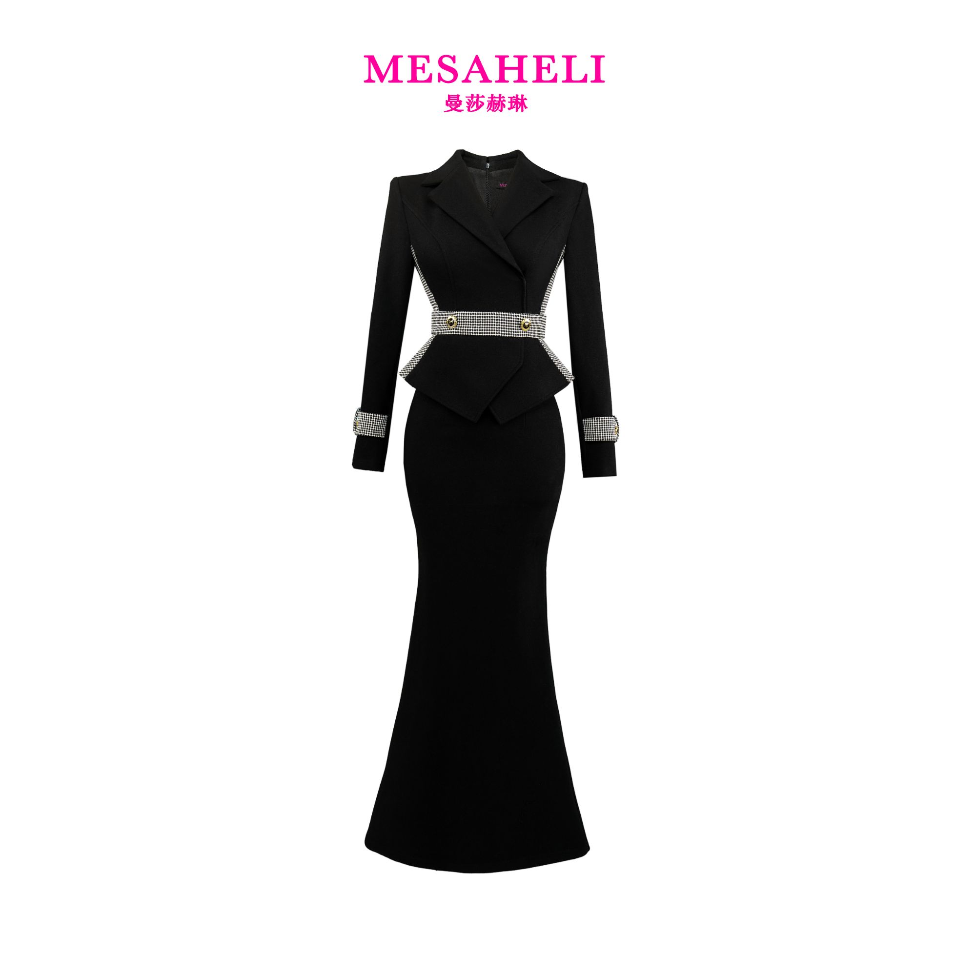 MESAHELI/曼莎赫琳 法式时尚气质职业显瘦黑色修身拼色连衣裙0280