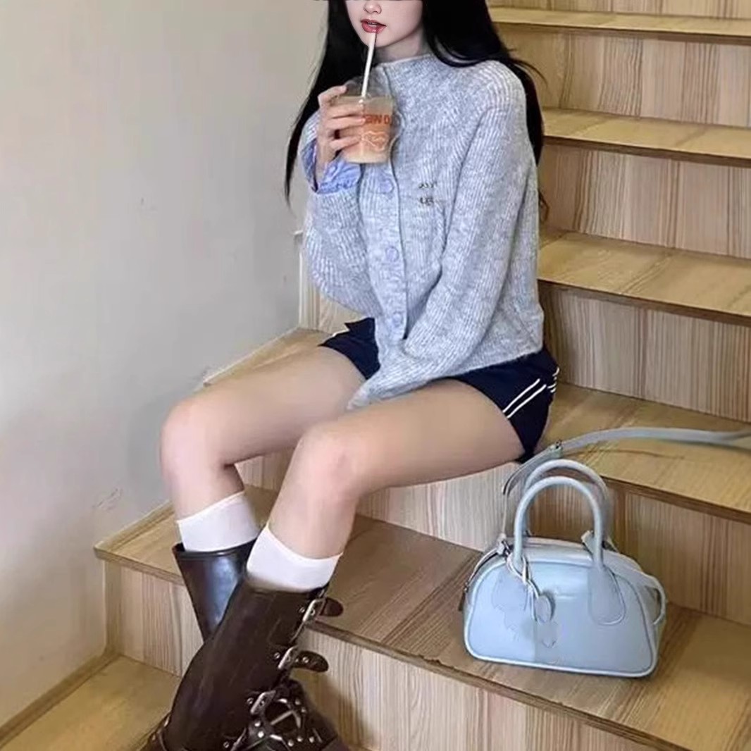 韩系复古灰色翻领长袖针织开衫女春秋新款慵懒风宽松显瘦毛衣