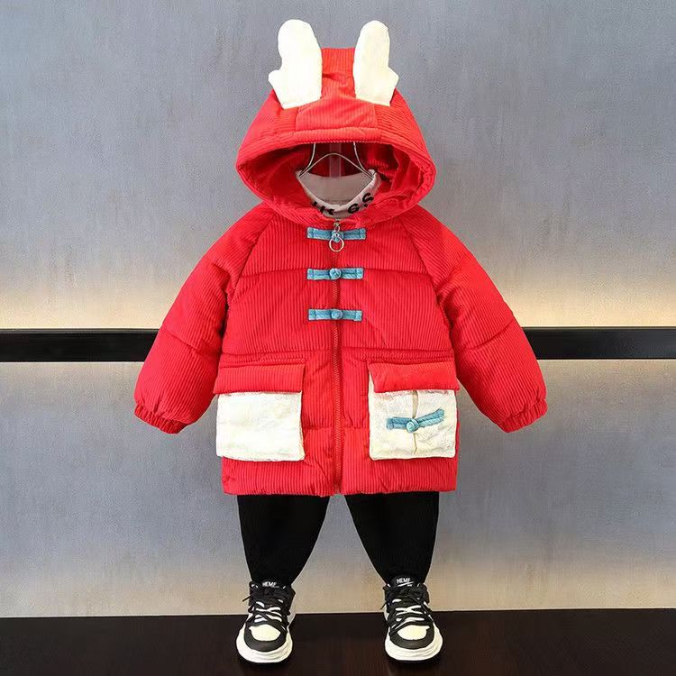Z16男女童红色加绒加厚盘扣外套