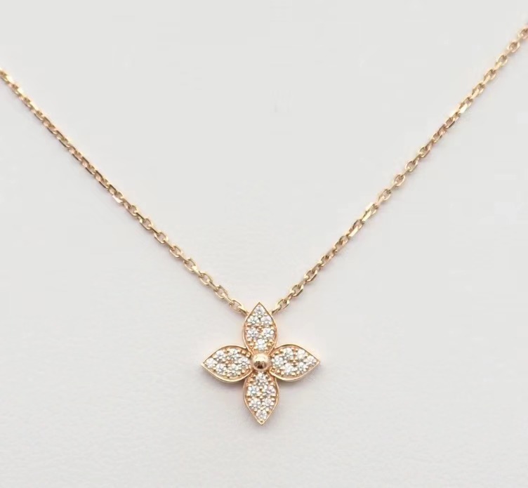 18k金天然钻石经典老花菱形花满钻项链时尚玫瑰金