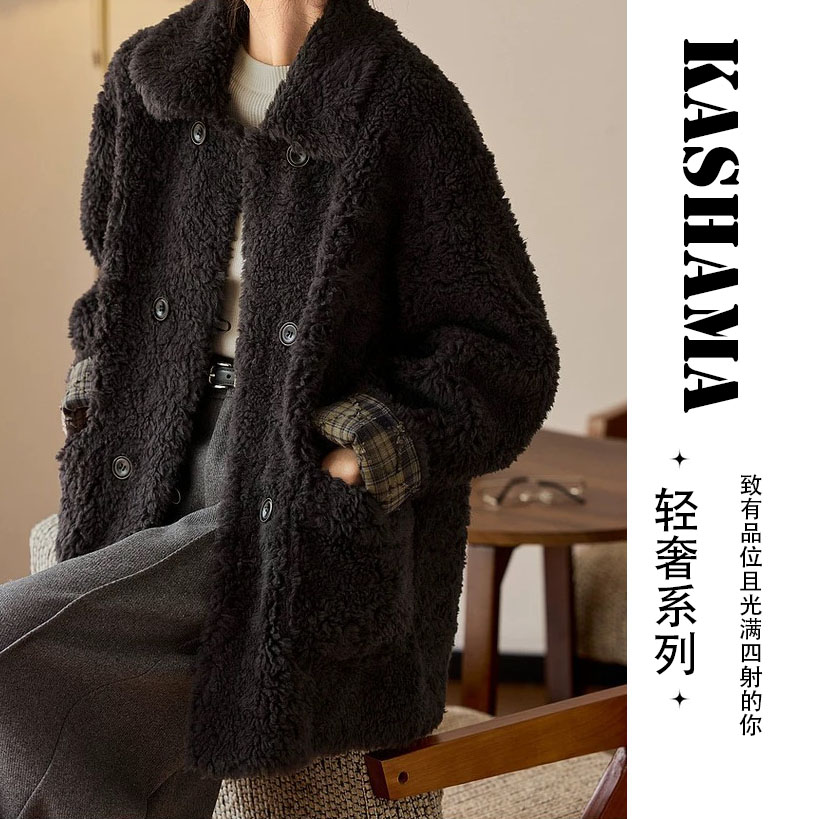 2025年冬季上衣女100绵羊毛韩版新款百搭网红气质外套女翻领中款
