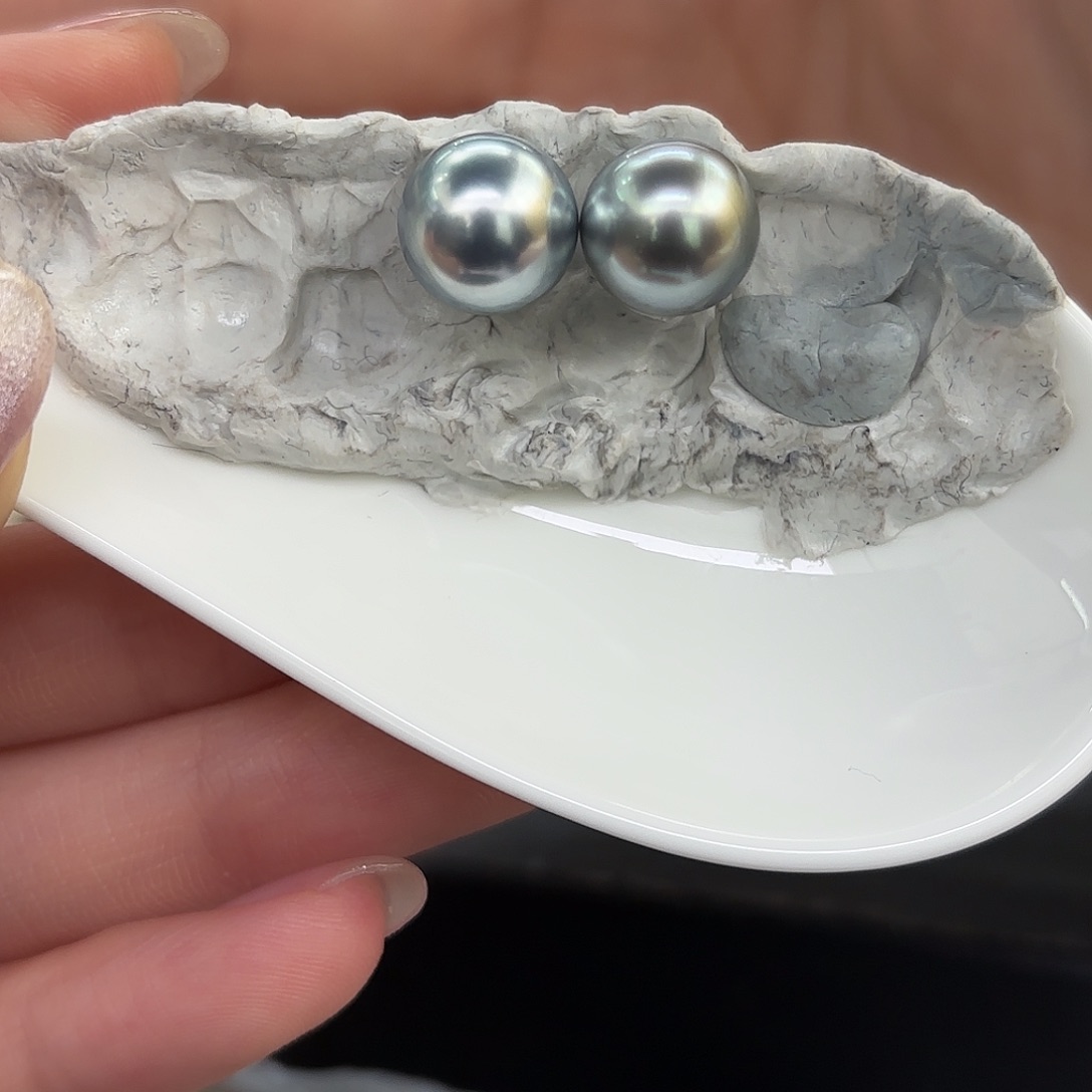 定制海水珍珠耳饰银S925镶嵌10-11mm铂金灰素钉